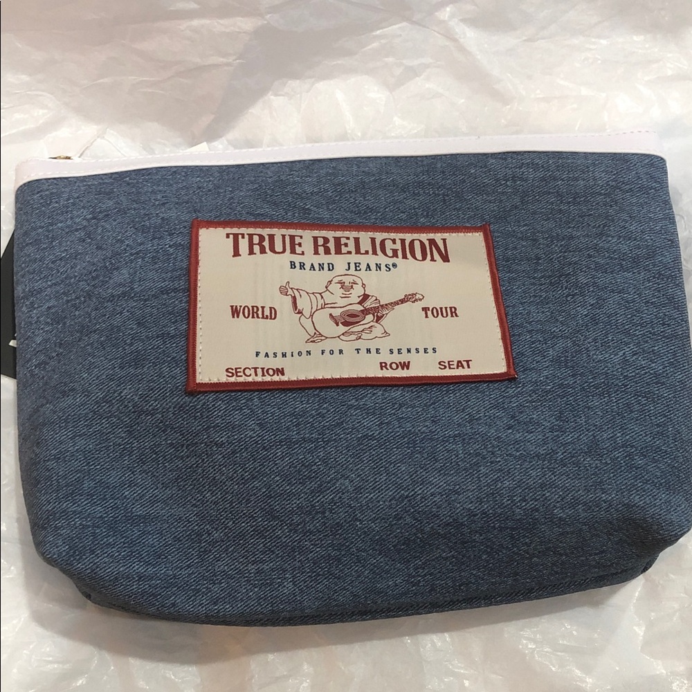True Religion blue denim look white trim makeup‎ cosmetics beauty pouch case bag